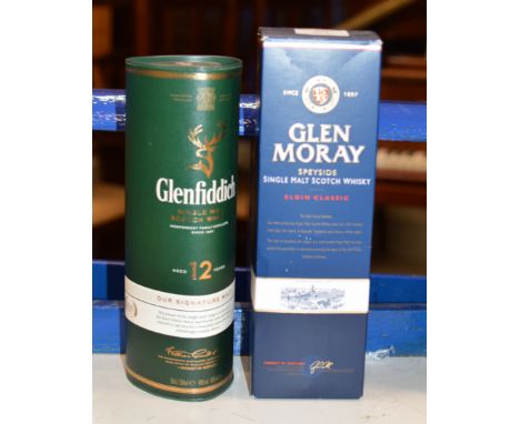 GLEN MORAY SINGLE MALT SCOTCH WHISKY WITH BOX - 70CL, 40% VOL, TOGETHER WITH GLENFIDDICH 12 YEARS OLD SINGLE MALT SCOTCH WHIS