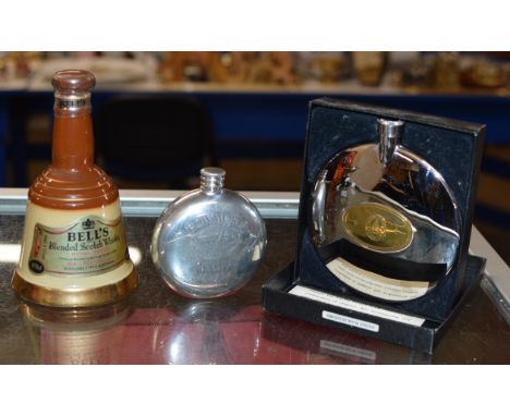 BOXED DALVEY HIP FLASK, 1 OTHER HIP FLASK &amp; SMALL BELLS WHISKY DECANTER (FULL)     