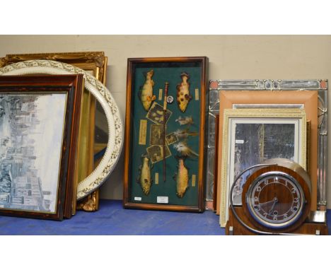 GLAZED FISHING DIORAMA, MANTLE CLOCK, MIRROR &amp; VARIOUS PICTURES     