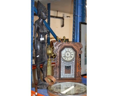 WOODEN AFRICAN STYLE FIGURINE, MANTLE CLOCK &amp; WALL CLOCK     