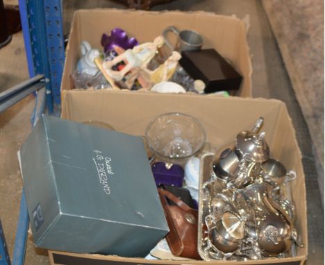 2 BOXES CONTAINING CRYSTAL &amp; GLASS WARE, FIGURINE ORNAMENTS, CHROME TEA SERVICE, MIXED CERAMICS &amp; GENERAL BRIC-A-BRAC