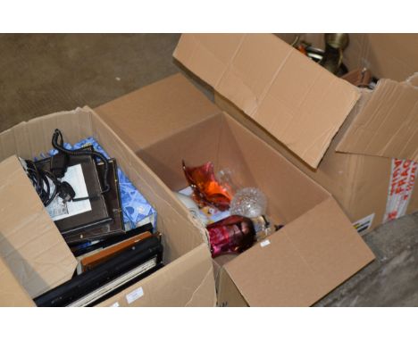 3 BOXES &amp; 1 BAG WITH COLOURED GLASS WARE, VARIOUS REFERENCE BOOKS &amp; FILES, LEATHER BAG, BRASS WARE, SCALES &amp; GENE