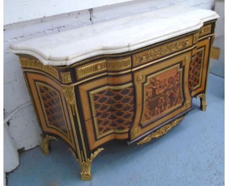 COMMODE, Louis XVI style beechwood, marquetry and gilt metal mounted with breakfront white marble top above three drawers, 17