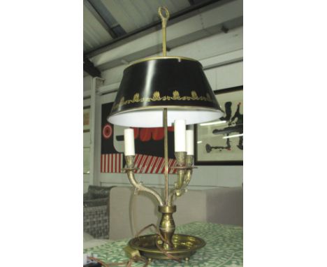 BOUILLOUTE LAMP, brass, with three sconces and black metal shades. 