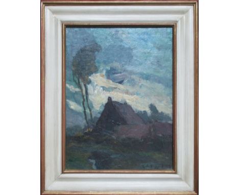 K DE POSSON (1889-1960), 'Landscape with farmhouse' oil on board, signed and framed, 43.5cm x 53cm H.