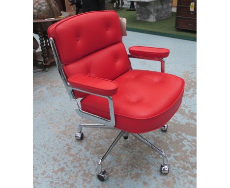 SWIVEL DESK CHAIR, in red leather, model 'Lobby', Eames design, by Vitra, 69cm W x 88cm H. 