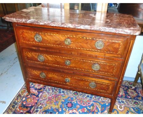 COMMODE, 19th century Italian kingwood and marquetry with veined marble top above three drawers and tapering supports, 84cm H