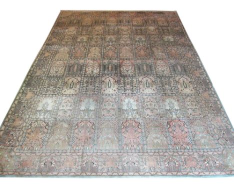 KASHMIR CARPET, 420cm x 300cm, silk pile garden design in shades of jade and pearl. 