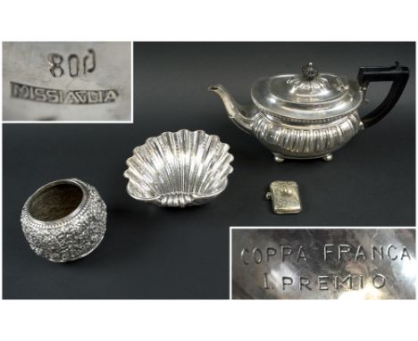 JAPANESE SILVER BOWL, early 20th century decorated chrysanthemums, 8.5cm diam x 7cm H, a small silver teapot circa 1903, a si