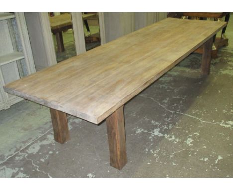 FARMHOUSE TABLE, vintage pine and oak with thick planked top and substantial solid oak support, 323cm W x 98cm D x 76cm H. 