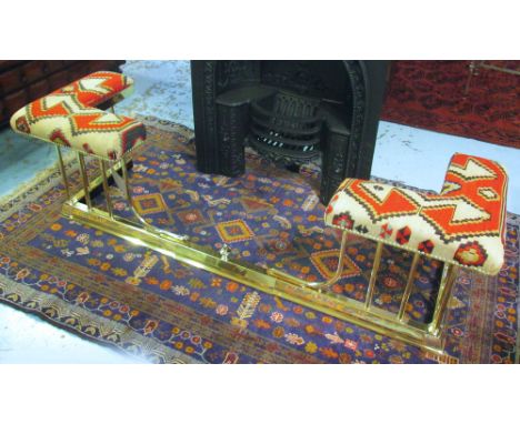 CLUB FENDER, traditional polished brass extending frame with vintage Qashqai kilim upholstered seats, 190cm W x 48cm D x 48cm