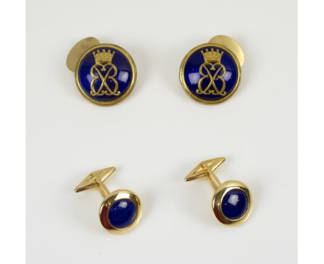 18K GOLD, LAPIS LAZULI CUFFLINKS and a blue enamel and coronet insignia cufflinks (4)                          