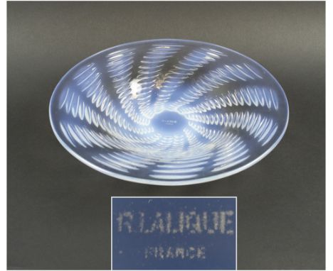 LALIQUE BOWL, opalescent glass of shallow circular form with radiating ribbed pattern, 'R. Lalique, France', 25.5cm diam x 4.