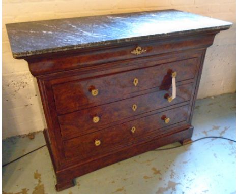 COMMODE, 19th century French Louis Philippe burr walnut with four long drawers and veined grey St. Annes marble top, 53cm x 1