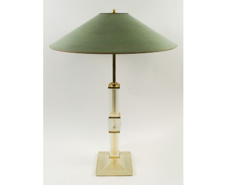 LALIQUE 'JOSEPHINE' TABLE LAMP, with gilded finish and bespoke handpainted parchment shade, 65cm H overall. 