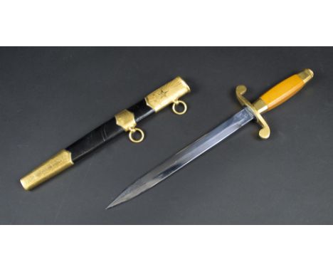 SOVIET NAVAL DRESS DAGGER, the stainless steel blade bearing date 1955, gilt metal mounted leather scabbard, 34.5cm L overall