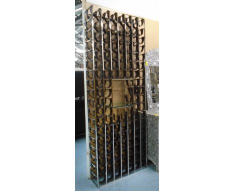 WINE RACK, hundred and fourteen bottles in a chromed metal frame and glass shelf, 84cm x 25cm x 231cm H.