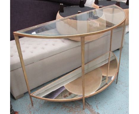 MIRRORED DEMI LUNE TABLES, a pair, with mirrored shelf in a gilded frame, 127cm x 43cm x 77cm H. 