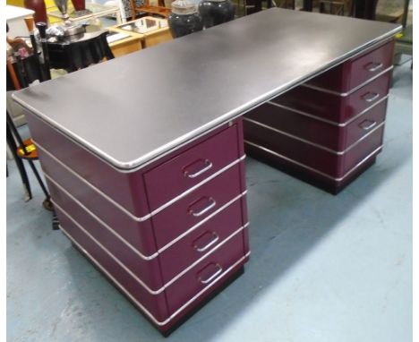 ODEON STYLE DESK, by Müller in burgundy, 78cm H x 175cm x 80cm. (with faults)