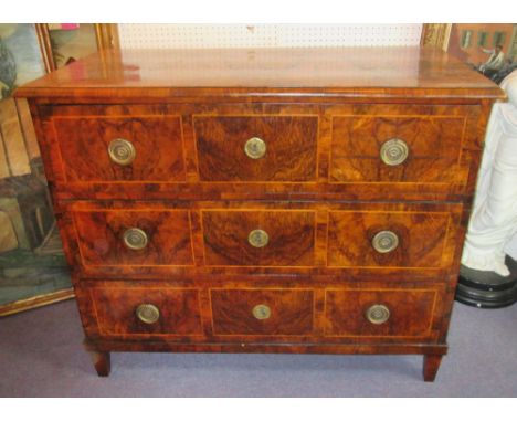 COMMODE, 18th century German walnut and crossbanded with three long drawers, 88cm H x 108cm x 58cm. 