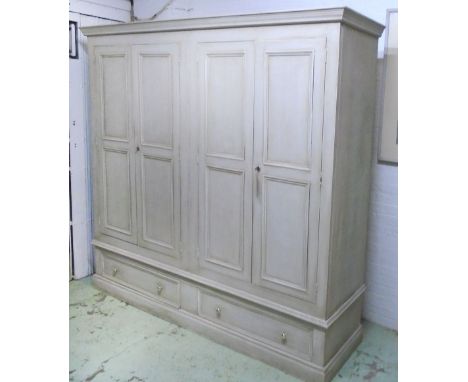 WARDROBE, vintage pine traditionally grey painted with four doors enclosing hanging and two long drawers, 216cm H x 217cm W x