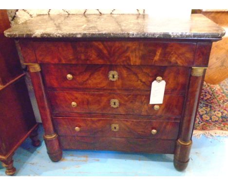 COMMODE, early 19th century French Empire flame mahogany and gilt metal with four long drawers and veined grey marble, 95cm W