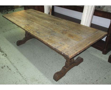 REFECTORY TABLE, vintage oak with rectangular planked and cleated top and stretchered trestle support, 229cm x 87cm x 73cm H.