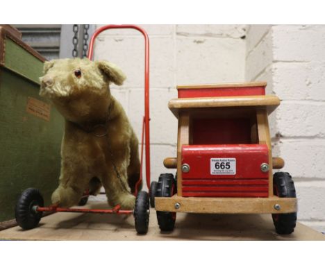 Vintage Pedigree Bear Child's Walker on a Metal Frame with Wheels marked Tri-ang together with a Wooden Child's Lorry filled 