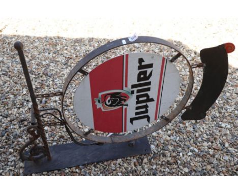 Enamel Circular Advertising Sign ' Jupiler ' held within an Iron Wall Hanging Bracket, 105cms high