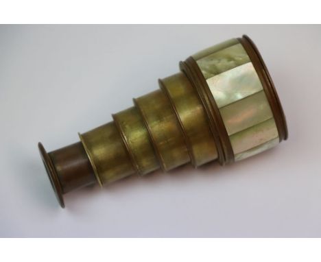 Vintage mother of Pearl &amp; gilt Brass five draw Pocket telescope, approx 9.5cm long when fully open