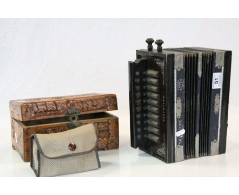 Vintage Silvertone squeeze box type Accordion, Camphor Wood box approx 25 x 14 x 12.5cm and a Box Brownie Camera with case