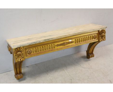 Gilt Finished Wooden Hanging Wall Shelf / Console Table with Marble Top, 98cms long x 43cms high