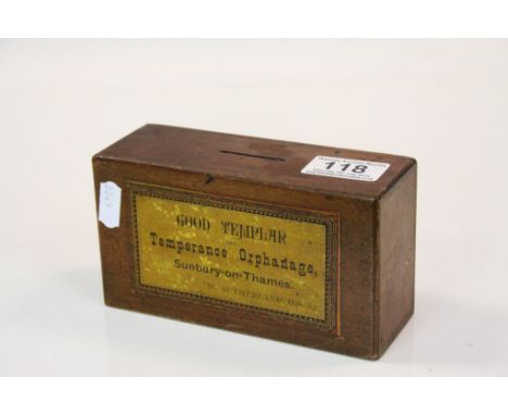 Vintage Wooden collection box with label to the side marked "Good Templar and Temperance Orphanage Sunbury on Thames", measur