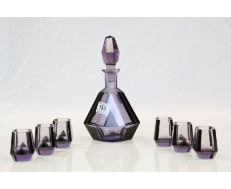 Art Deco Amethyst glass &amp; Enamel Decanter &amp; six glasses with Geometric design, Decanter stands approx 24.5cm to inclu
