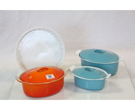 Three vintage Le Crueset Enamel Casserole dishes and a similar French Quiche dish approx 26.5cm diameter