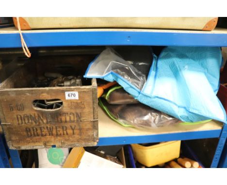 Vintage Wooden Beer Crate stamped Donnington Brewery together with a Vintage Petrol Pump Handle