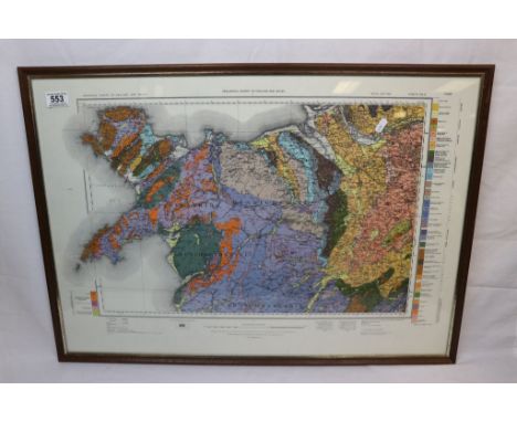 Ordnance Survey Coloured Geological Survey Map of North Wales, reprinted 3rd impression 1968, 52cms x 75cms, framed and glaze