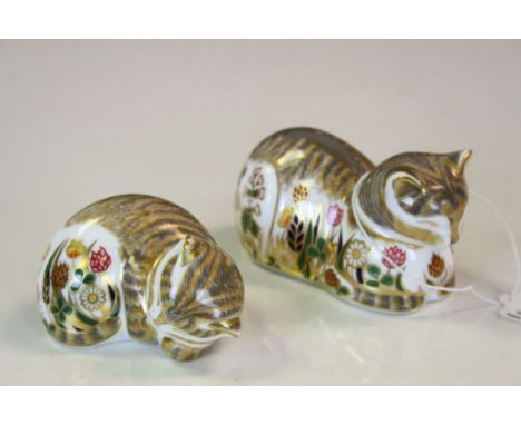 Two Royal Crown Derby ceramic Cat Paperweights, "Cottage garden Cat" &amp; "Cottage Garden Kitten", both with gold stoppers