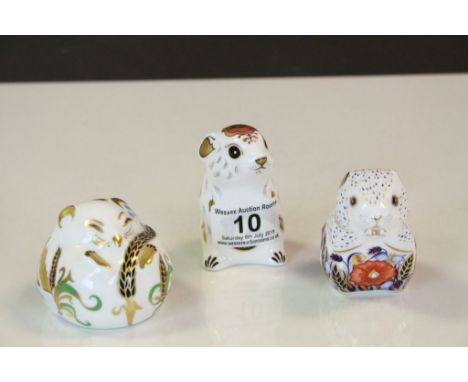 Three Royal Crown Derby ceramic Mouse Paperweights, all with Gold stoppers and different designs, the tallest approx 7.5cm