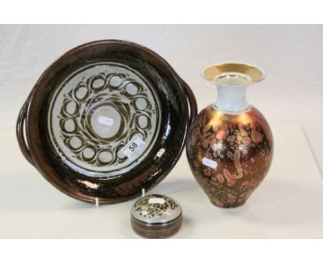 Three items of Studio Pottery to include a Margaret Bastin dish approx 27cm diameter, a lidded trinket pot &amp; a vase appro