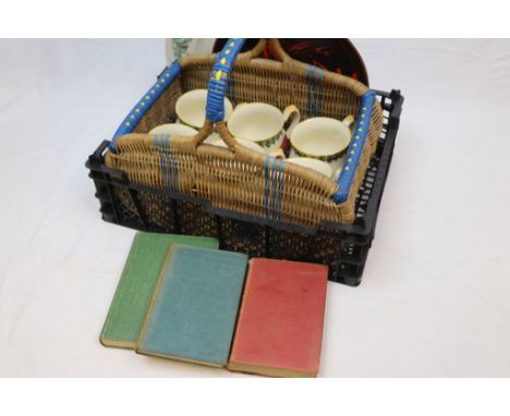 Wicker Basket together with Poole Pottery Boat Scene Plate, Wedgwood Plate, Six Moorland Chelsea Pig Mugs and Three Books