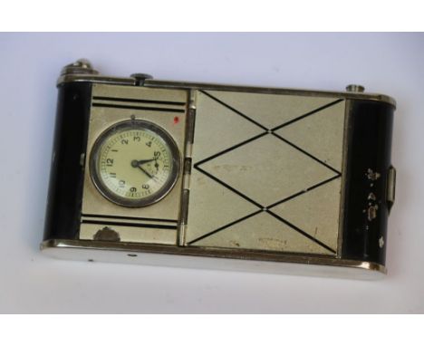 Art Deco Enamel finished Camera style Compact with built in Clock &amp; Lipstick, measures approx 10 x 5 x 1.5cm