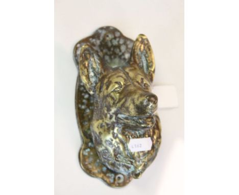 Heavy vintage Brass door knocker in the form of an Alsatian head, approx 17cm long, counting the mount