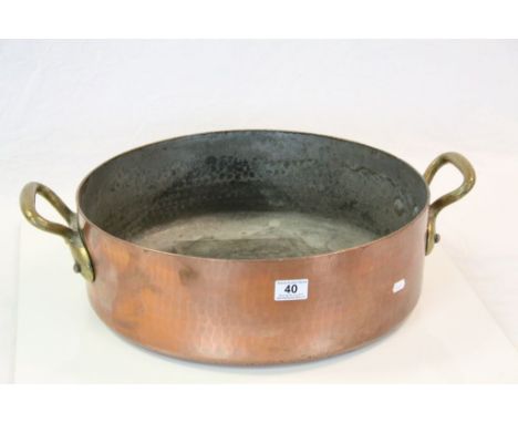Large 19th Century beaten Copper preserve Pan with silvered interior &amp; Brass handles, approx 44.5cm diameter not counting
