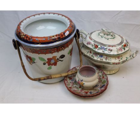 Victorian Ceramic Slop Bucket, Spode ' Chinese Rose ' Soup Tureen &amp; Ladle and Two Japanese Plates