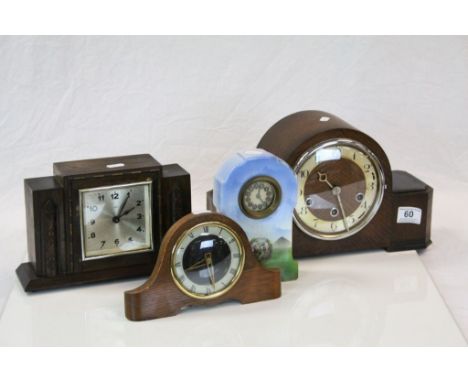 1930's/40's ' Parsons ' Oak Cased Mantle Clock, two further oak cased clocks and a ceramic cased clock