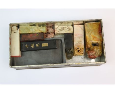 Tin of vintage Oriental Hardstone Seals in various sizes
