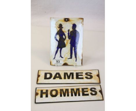 Three vintage Enamel Signs, one depicting a Man &amp; Woman, another "Hommes" and the third "Dames", largest measures approx 