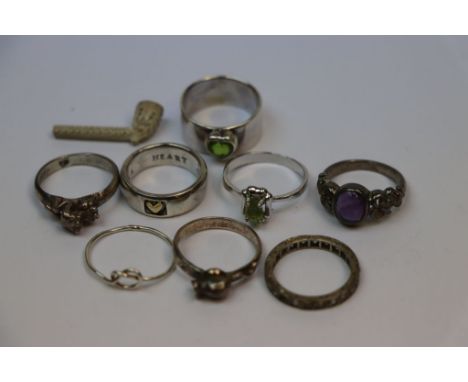 Small collection of Silver rings to include Amethyst set plus a Miniature Clay Pipe
