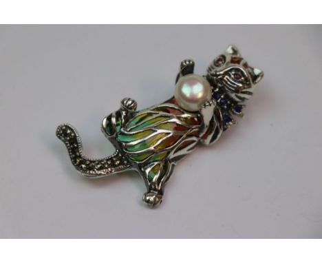 Silver plique a jour cat brooch with pearl ball